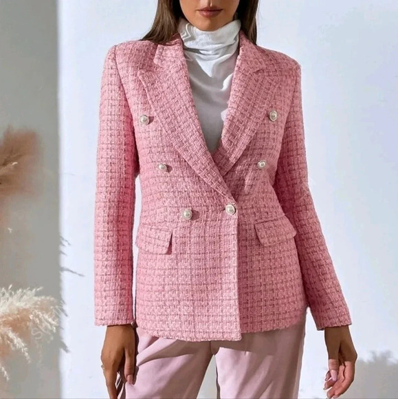 Plaid Print Double Breasted Blazer Workwear - Picture 4 of 5